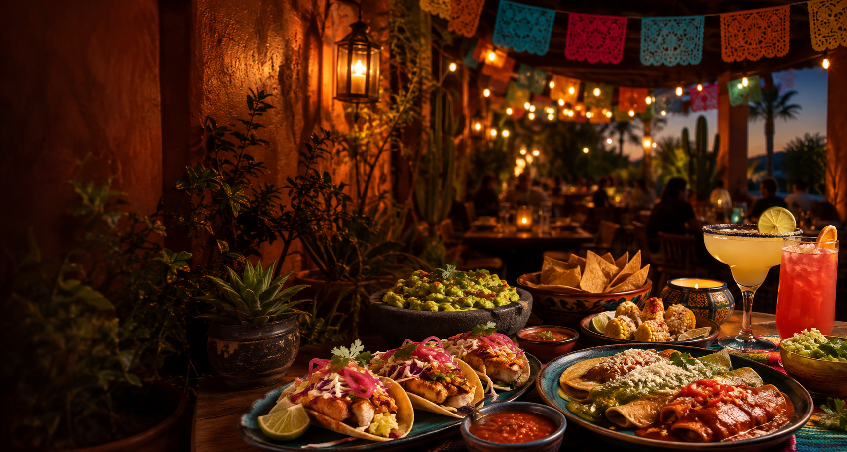 A festive Mexican table with tacos, enchiladas, guacamole and colourful cocktails on a warmly lit terrace